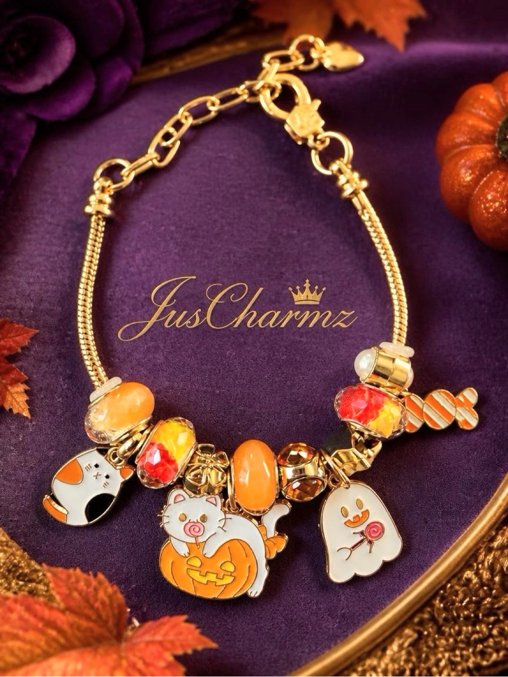 Gold Halloween Cat & Ghost Charm Bracelet in Orange